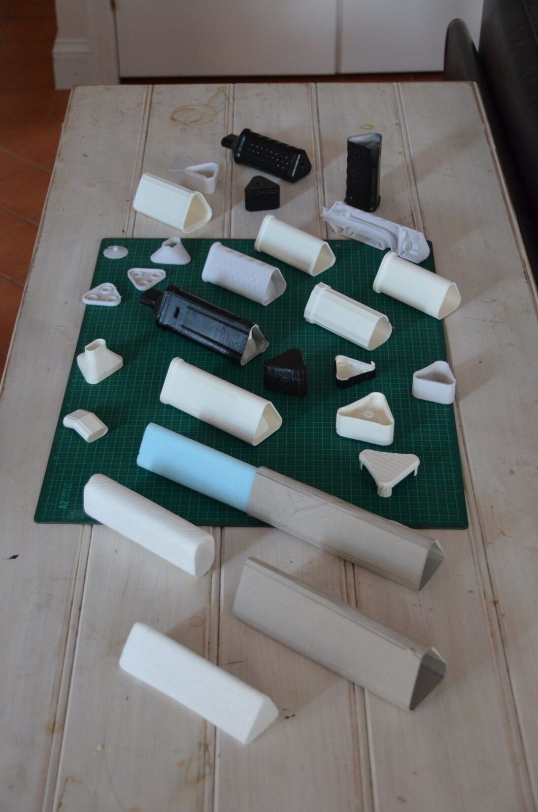 A photo of the prototype models throughout the course of the project.