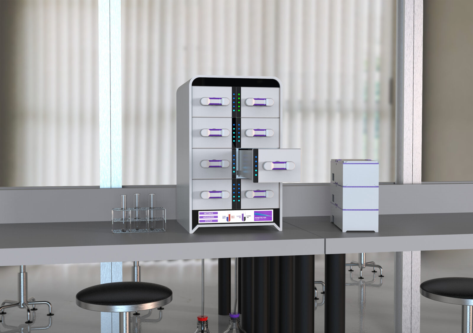 Image of an eight-drawer cleaning device sitting on a laboratory bench. 