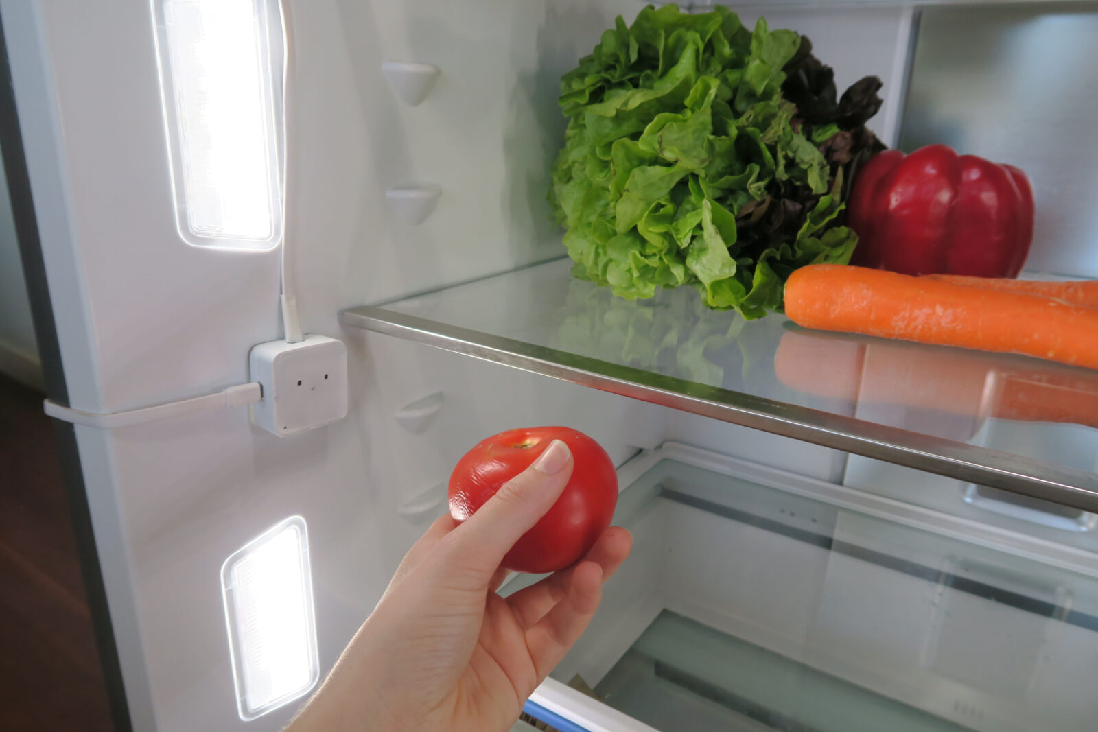 In context model photograph of user filling fridge with fresh food. 