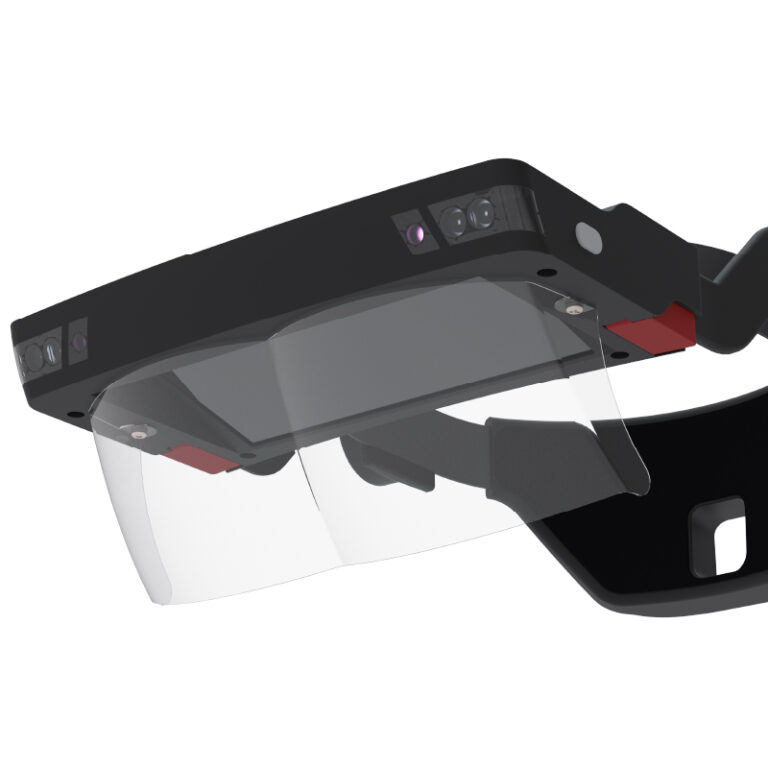 Cad view showing detail of the front fascia of the headset; including lenses, cameras, and other sensors. 