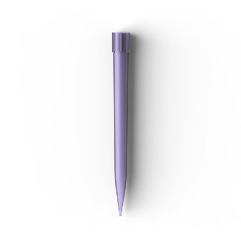 A purple hue pipette tip with a strong shadow on a white backbround. 