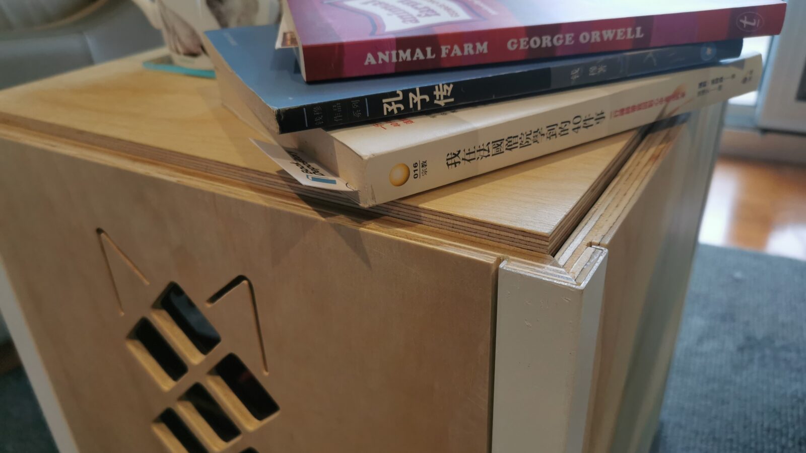 Close up of the Cubicat with books stacked on top.